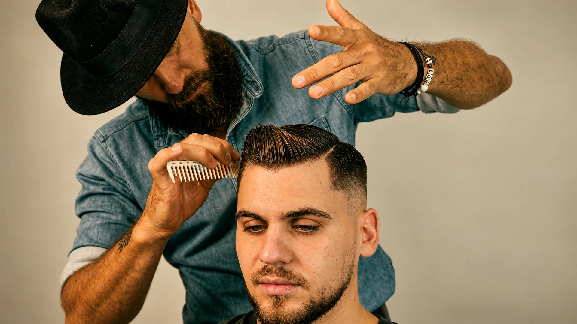 Ringo styling a classic haircut with a comb