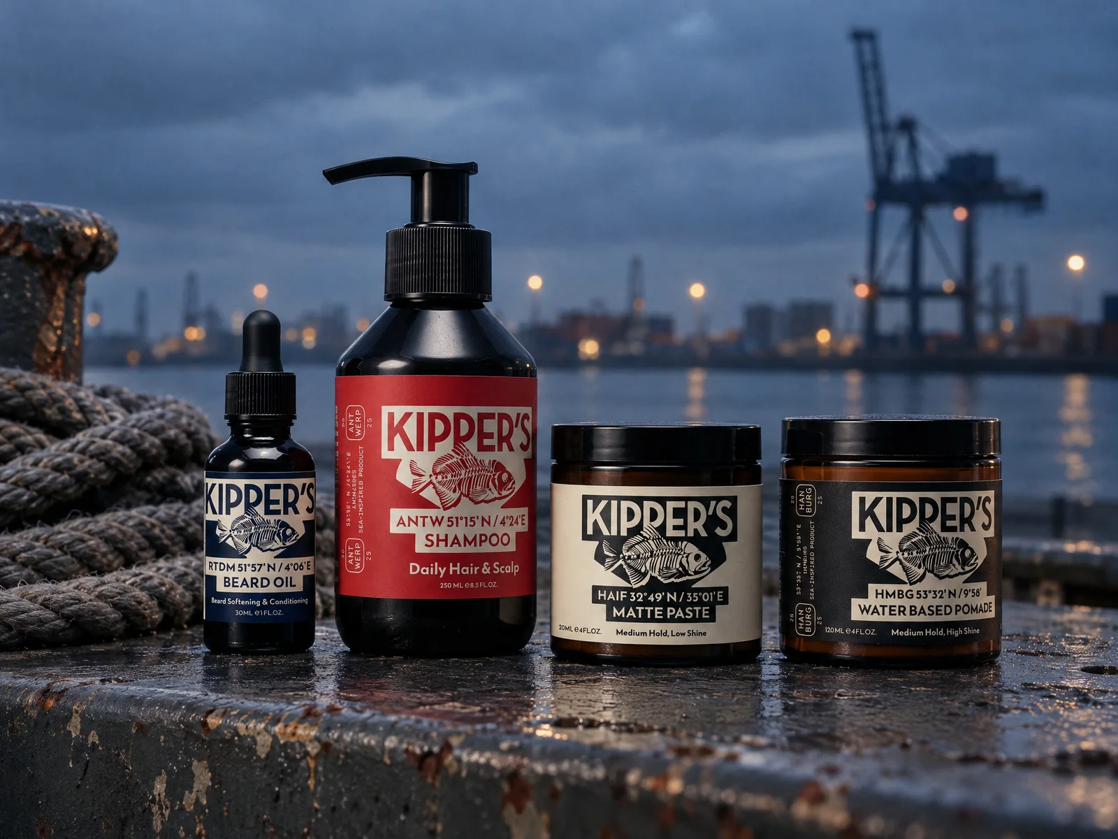 The KIPPER'S line: beard oil, shampoo, matte paste and pomade on a harbor pier at night
