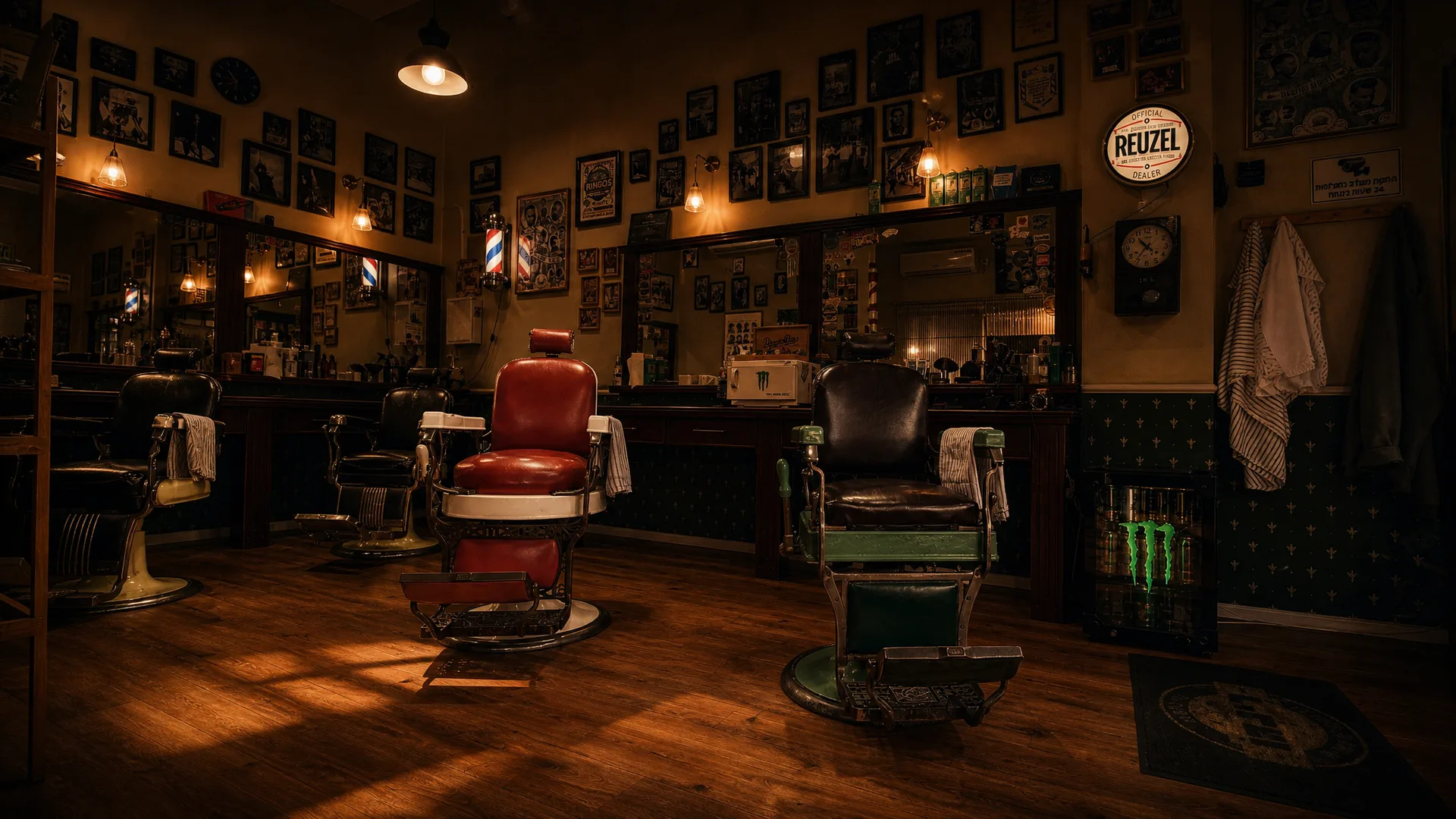 Inside Ringo's barbershop: vintage barber chairs, mirrors and framed pictures on the walls